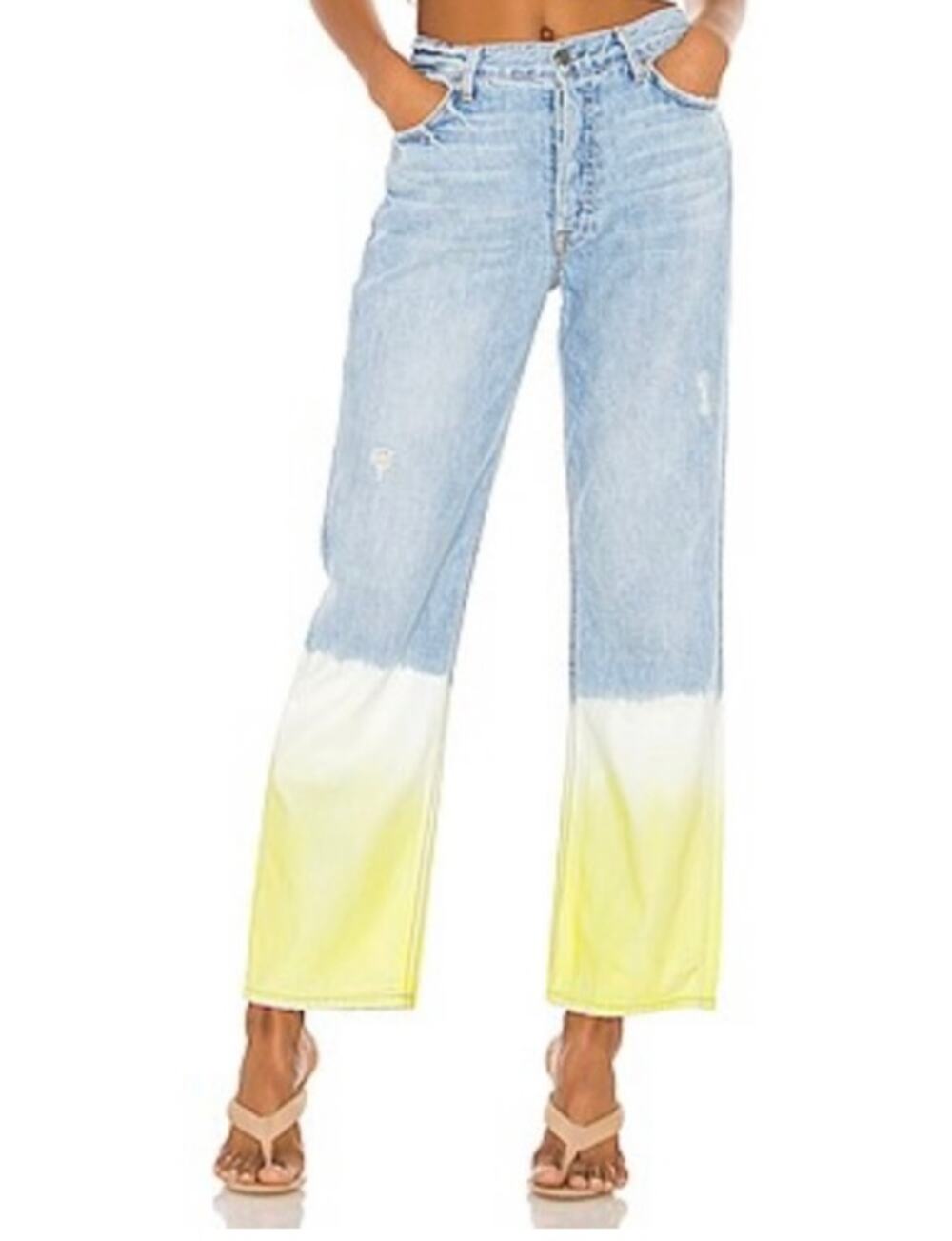 GRLFRND Button Fly Flare Leg High Rise Emily Jeans In Yellow Horizon Size 23